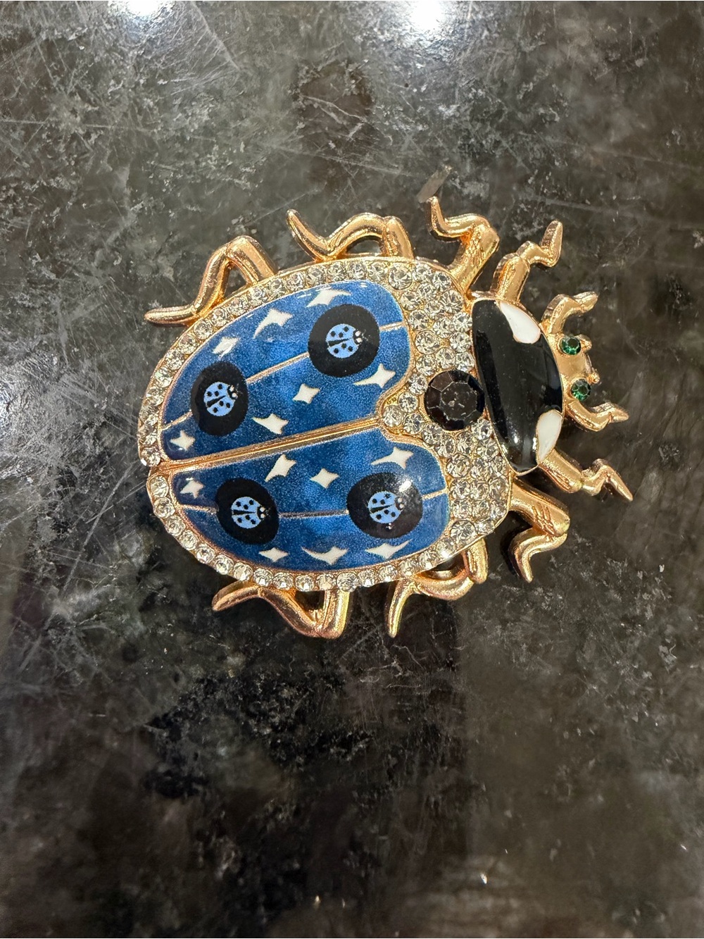Blue Enamel Ladybug Brooch with Rhinestones